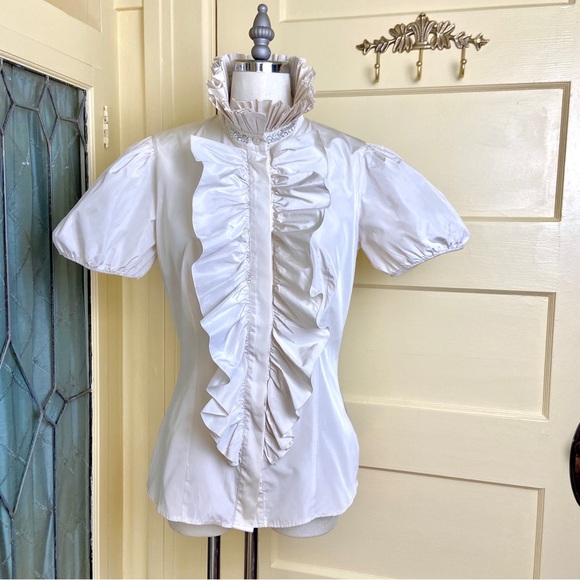 Blugirl Blumarine Embellished Accordion Pleated Collar Blouse - Picture 2 of 13